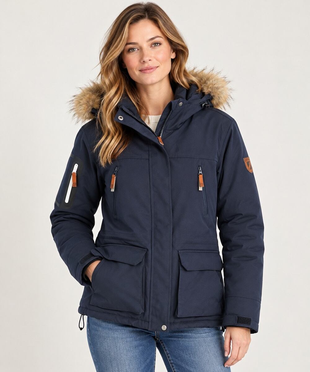 Chamonix Collection Womens M Navy Blue Insulated Winter Parka Faux Fur Hood Coat
